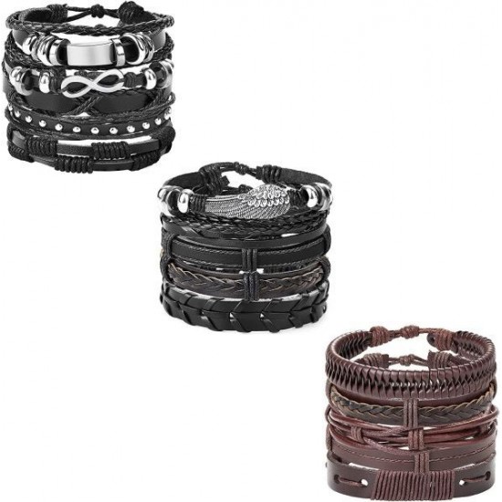 15pcs Braided Leather Bracelet For Men Women Cuff Wrap Bracelet Ethnic Tribal Bracelets Adjustable And Brown